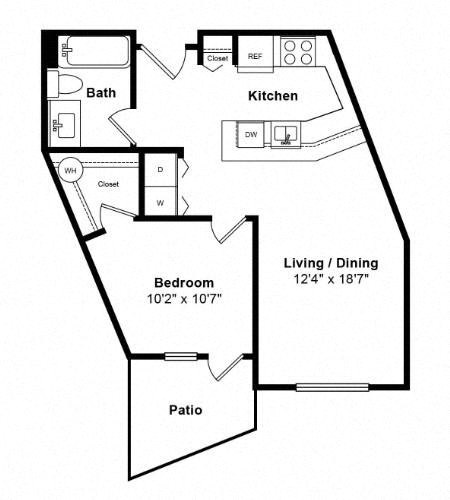 Floor plan for 1 bed, 1 bath, 719 sqft